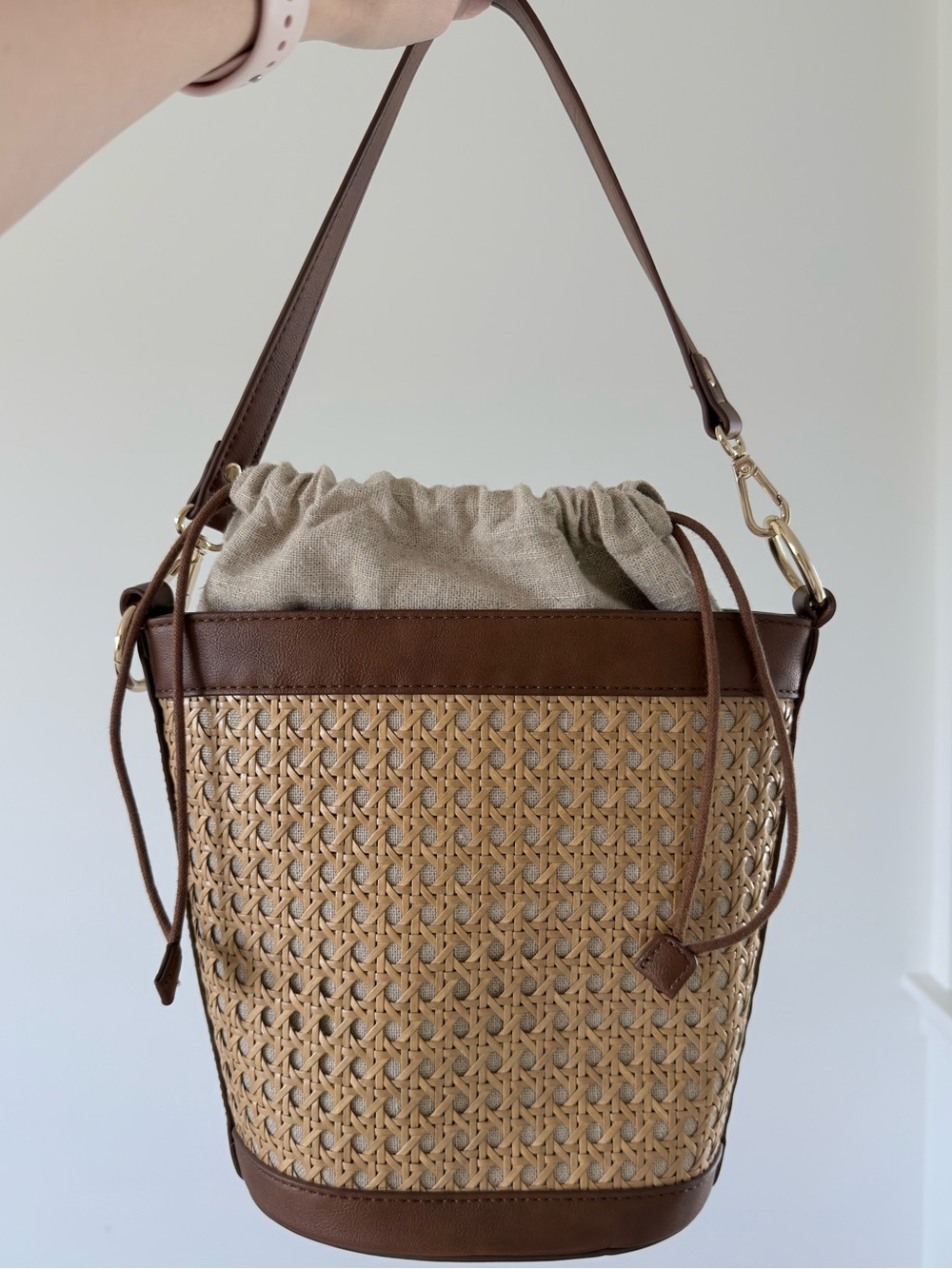 INC International Concepts Ajae Cane Woven Bucket Crossbody Bag Natural